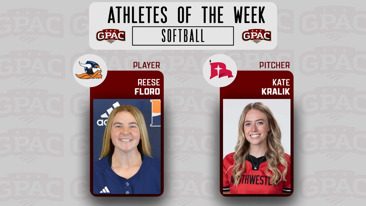 Great Plains Athletic Conference (@gpacsports) on Twitter photo SOFTBALL: Week 8 Honors - (Player) Reese Floro of <a href="/Midland_Sports/">Midland Warriors</a> and (Pitcher) Kate Kralik of <a href="/nwcraiders/">NWC Red Raiders</a>.
Complete Release:
tinyurl.com/gpacsb08 SOFTBALL: Week 8 Honors - (Player) Reese Floro of <a href="/Midland_Sports/">Midland Warriors</a> and (Pitcher) Kate Kralik of <a href="/nwcraiders/">NWC Red Raiders</a>.
Complete Release:
tinyurl.com/gpacsb08