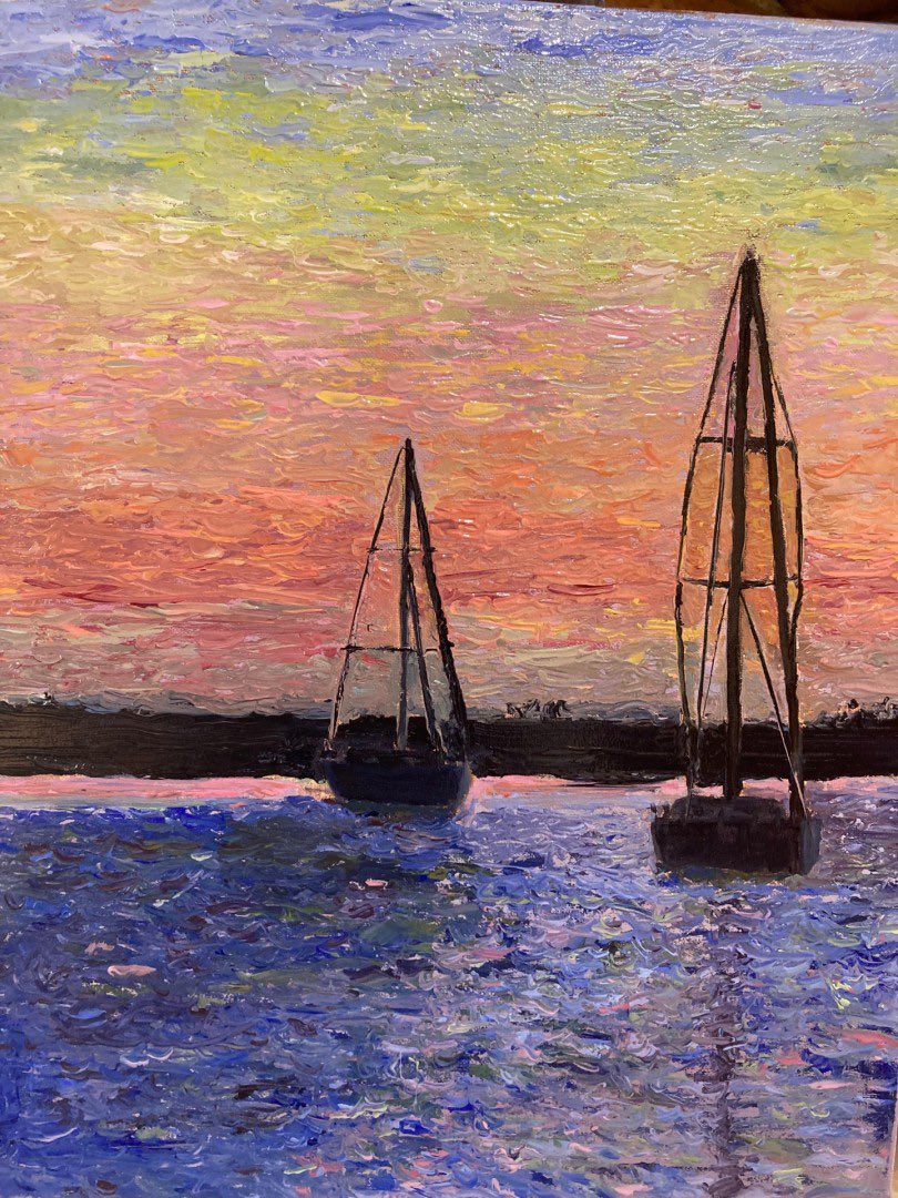 The day’s sailing is done,
And the oars are put at rest,
The sun greets the moon,
In the lullaby of the soft twilight,
The stars stage and serenade
The sea breeze kisses the mist
The world forgets in #euphoria. 
#vss365
Painting: “Two Sailboats” by Robert H. Fenton