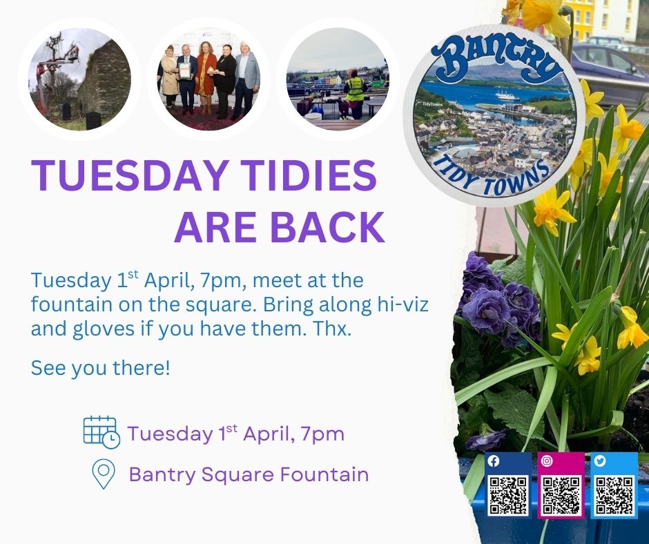 Meeting at the fountain the square tonight - 7pm. Tuesday Tidies are BACK!

With the clock change and spring sprung, it's light enough in the evenings now for our Tuesday Tidies. Sorry for the late notice! See you there. All welcome!

#TuesdayTidy #BeBantryProud #SpringSprung