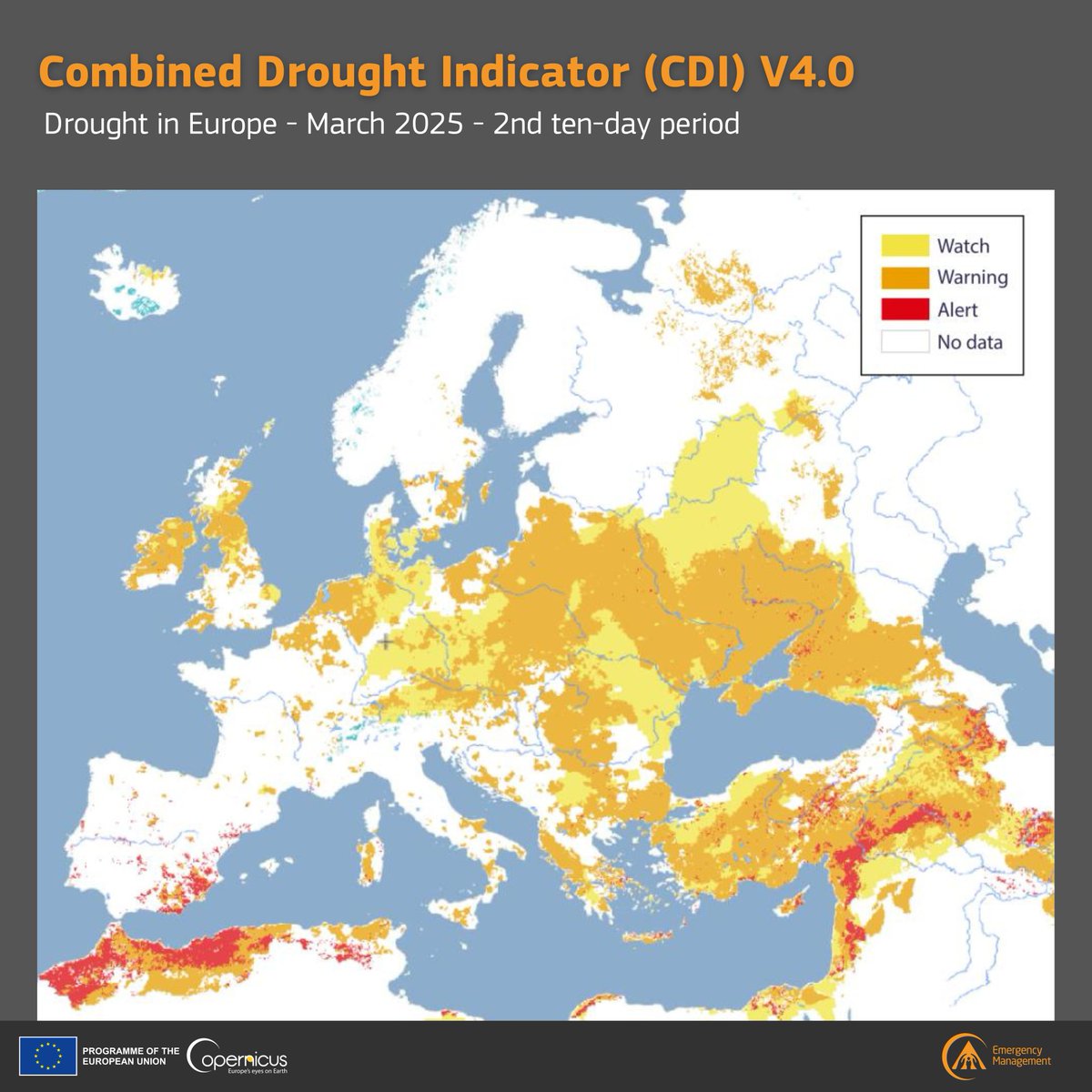 CopernicusEMS's tweet photo. 🚱 #Drought Report – Mid-March 2025

Drought conditions are slowly worsening across southern, eastern &amp; central Europe.

🔴 Severe impacts persist in the Mediterranean, with critical conditions in the Iberian Peninsula affecting vegetation.

#EDO report: https://t.co/rIltDNfdIr https://t.co/9QtiTcBkNy