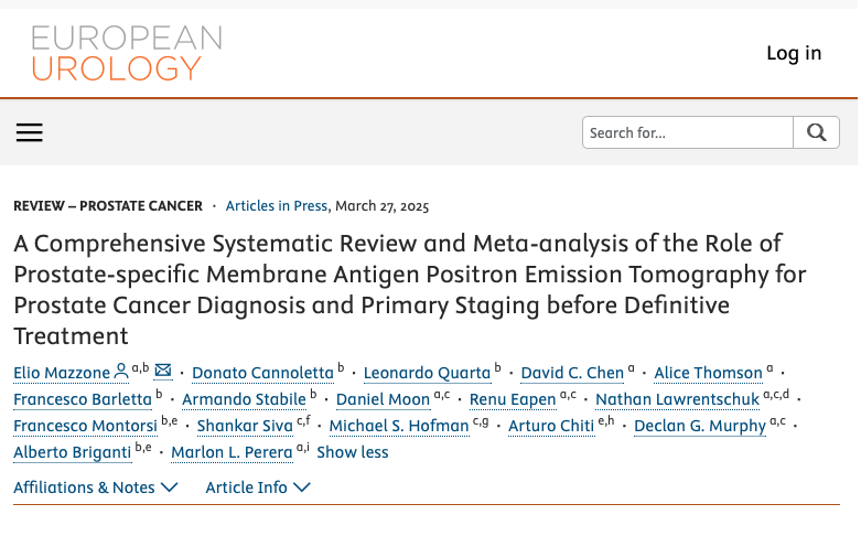 A Comprehensive Systematic Review and Meta-analysis of the Role of Prostate-specific Membrane Antigen Positron Emission Tomography for Prostate Cancer Diagnosis and Primary Staging before Definitive Treatment out in European urology

europeanurology.com/article/S0302-…

This systematic