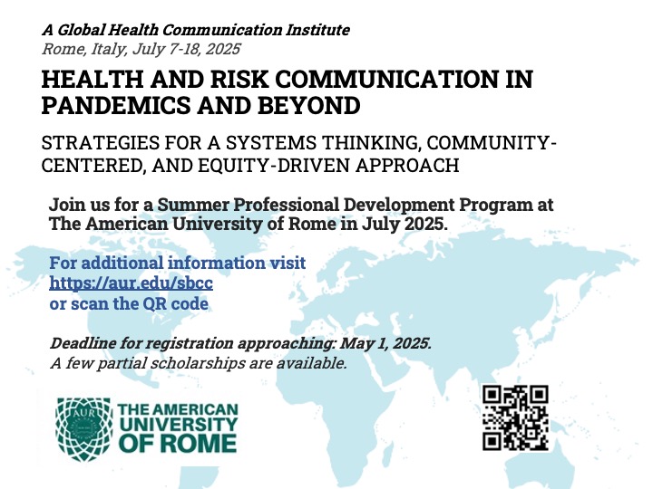 RenataSNYC's tweet image. Health &amp;amp; Risk Communication: Pandemics &amp;amp; Beyond!
🌍 @Life_at_AUR  July 7-18, 2025.
Learn systems-thinking, community-centered, &amp;amp; equity-driven strategies. Register at aur.edu/sbbc by 5/1

#GlobalHealth #HealthComm #RiskComm #Rome #HealthEquity #community #systems