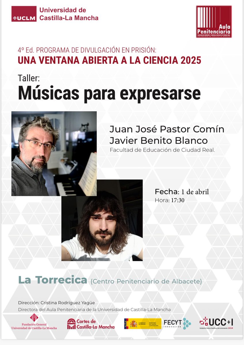 Cristina Rodríguez Yagüe (@cristinaryague) on Twitter photo Iniciamos esta 4 edición del Programa de Divulgación de Ciencia en Prisión de <a href="/uclm_es/">Universidad de Castilla-La Mancha</a> en el centro penitenciario de Albacete con una actividad muy especial destinada a las mujeres privadas de libertad: el taller Música para expresarse, que impartirán <a href="/egoerosu/">Juan José Pastor</a> y Javier Benito Iniciamos esta 4 edición del Programa de Divulgación de Ciencia en Prisión de <a href="/uclm_es/">Universidad de Castilla-La Mancha</a> en el centro penitenciario de Albacete con una actividad muy especial destinada a las mujeres privadas de libertad: el taller Música para expresarse, que impartirán <a href="/egoerosu/">Juan José Pastor</a> y Javier Benito