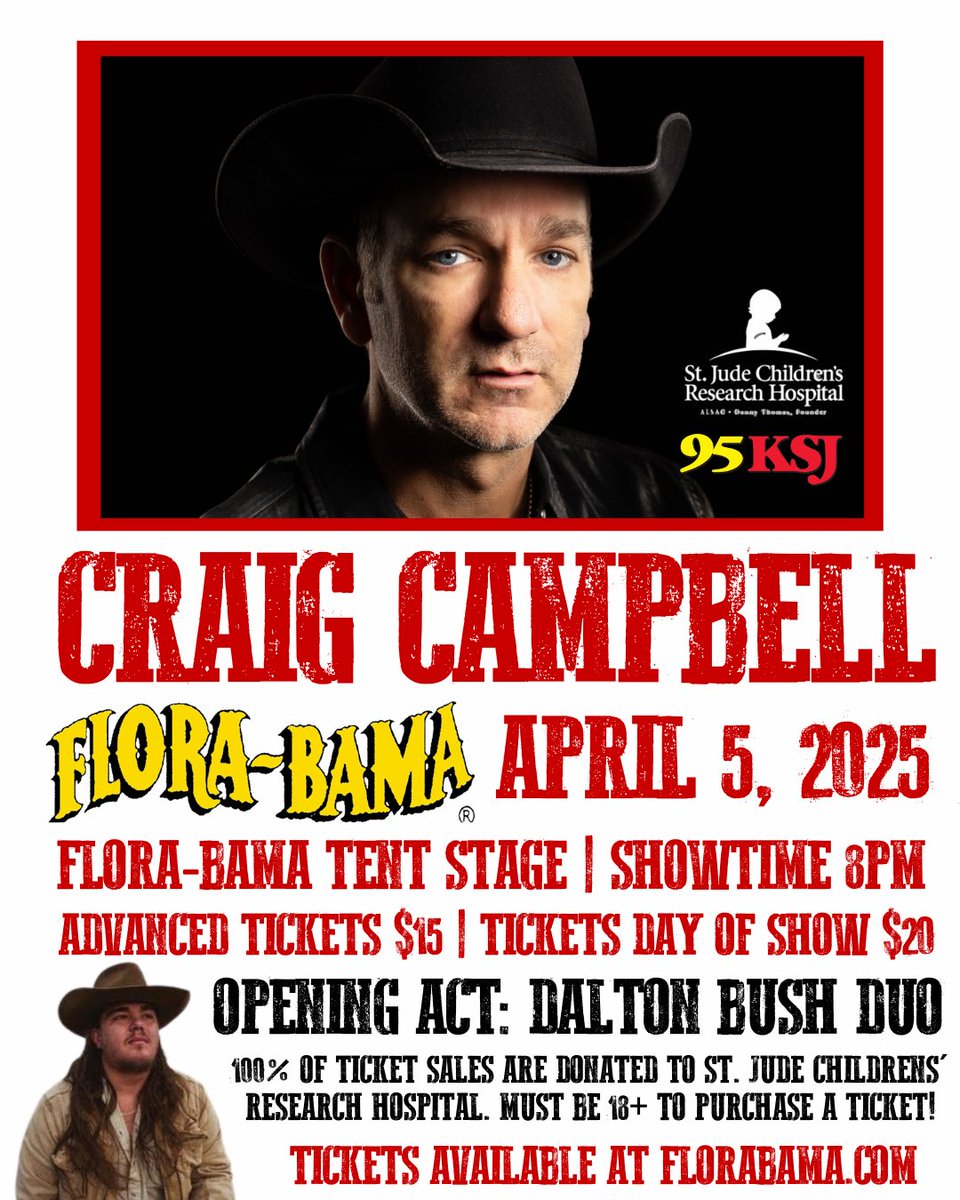 GRAB YOUR TICKETS!!!  95KSJ presents another St. Judes concert with country artist Craig Campbell at the Flora-Bama Tent Stage! 100% of ticket sales go directly to St. Jude Children's Research Hospital. 
TICKETS ➡️ florabama.com/tickets