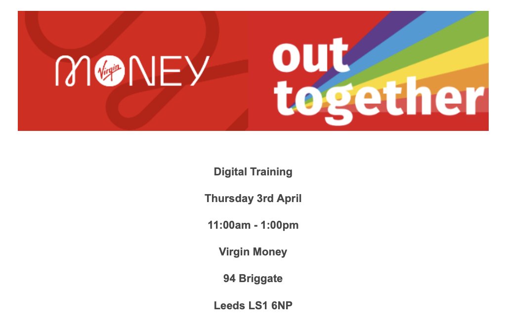 🌟Digital Inclusion training session focusing on banking safety and using banking apps securely! 📱

🗓 Thursday, 3 April 
⏰ 11.00 - 1.00 
📍 Virgin Money, 94 Briggate, Leeds LS1 6NP (Next to Louis Vuitton)

Exclusive to💫Out Together members 💫
💡 eventbrite.co.uk/e/banking-safe…?