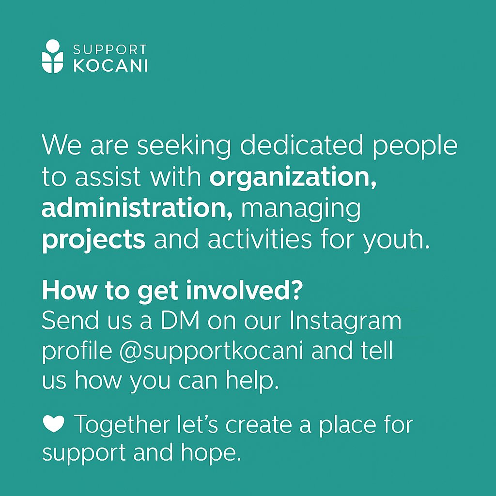 We are in process to create a
Youth Center Kočani – a space for support, hope, and new beginnings!

After the tragedy, we’re creating a place where young people can connect and receive help.

We're looking for dedicated people to help with organization, admin &amp; projects.

If you