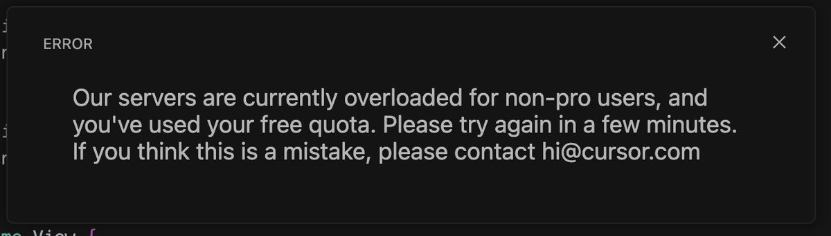 Lee_Kah_Seng's tweet image. If you're wondering about the user experience of Cursor's free version (after the free trial), let me share my experience.

LITERALLY UNUSABLE! 🙈

I've been trying on and off throughout these past few days (weekends &amp;amp; weekdays), and all I’ve gotten is this lovely error message.…