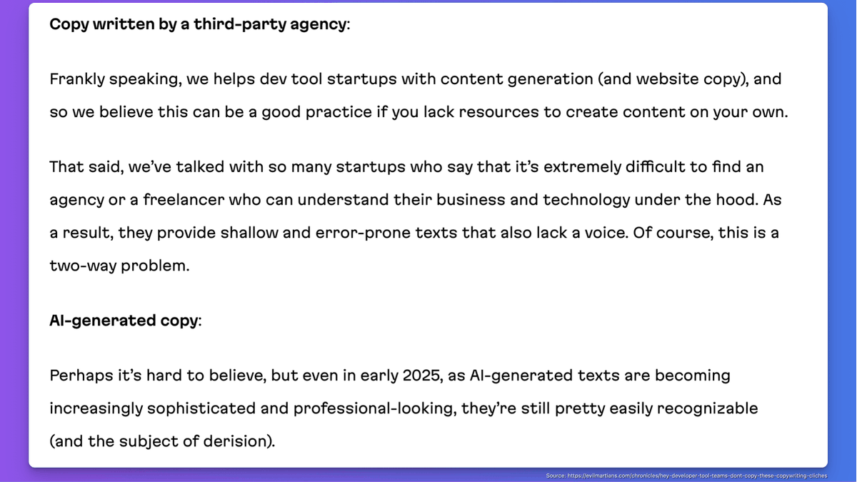 lucianghinda's tweet photo. Talking about #Marketing when the target group are #developers, I think the advice in this article from @evilmartians could be applied also on some posts that we share on social media: 

https://t.co/gVJZ3ihKb5 https://t.co/EqlxTFBjKS