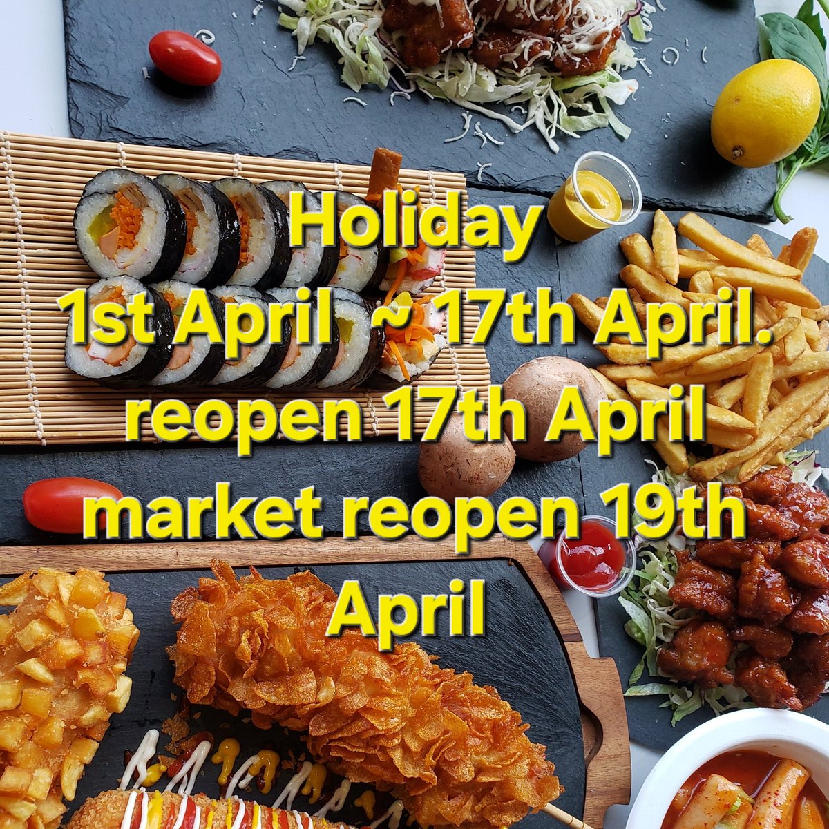 GoKo Holiday 
1st April ~ 16th April 
Shop reopen 17th April. 
Market reopen 19th April DOYS. 20th Wimbledon village 
SEE U LATER.