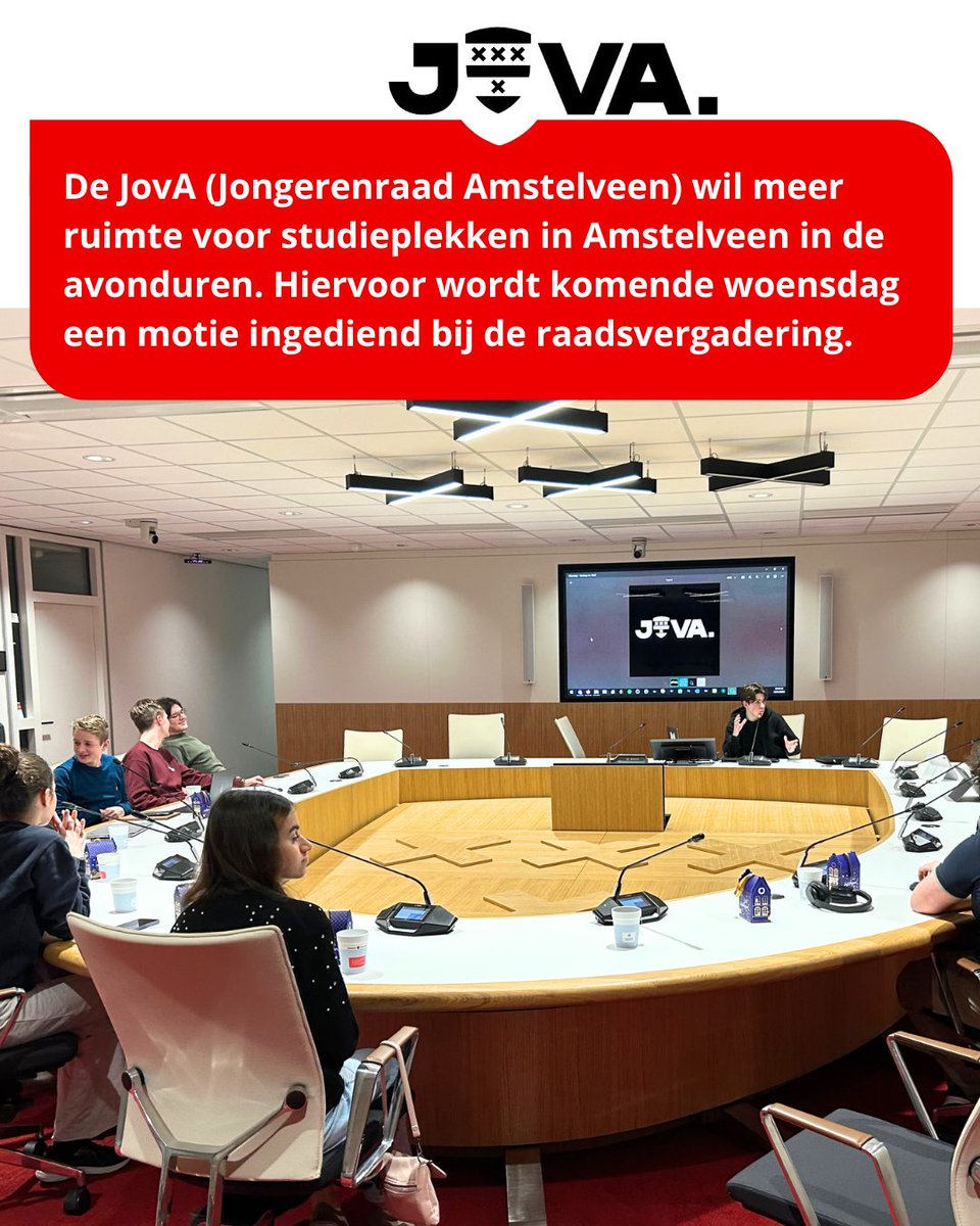 Raad Amstelveen (@raadamstelveen) on Twitter photo De JovA (Jongerenraad Amstelveen) wil meer ruimte voor studieplekken in Amstelveen in de avonduren. Hiervoor wordt komende woensdag een motie ingediend bij de raadsvergadering. Ben je tussen de 13 en 21 jaar en wil je ook meedenken over Amstelveen? Mail raadsgriffie@amstelveen.nl De JovA (Jongerenraad Amstelveen) wil meer ruimte voor studieplekken in Amstelveen in de avonduren. Hiervoor wordt komende woensdag een motie ingediend bij de raadsvergadering. Ben je tussen de 13 en 21 jaar en wil je ook meedenken over Amstelveen? Mail raadsgriffie@amstelveen.nl