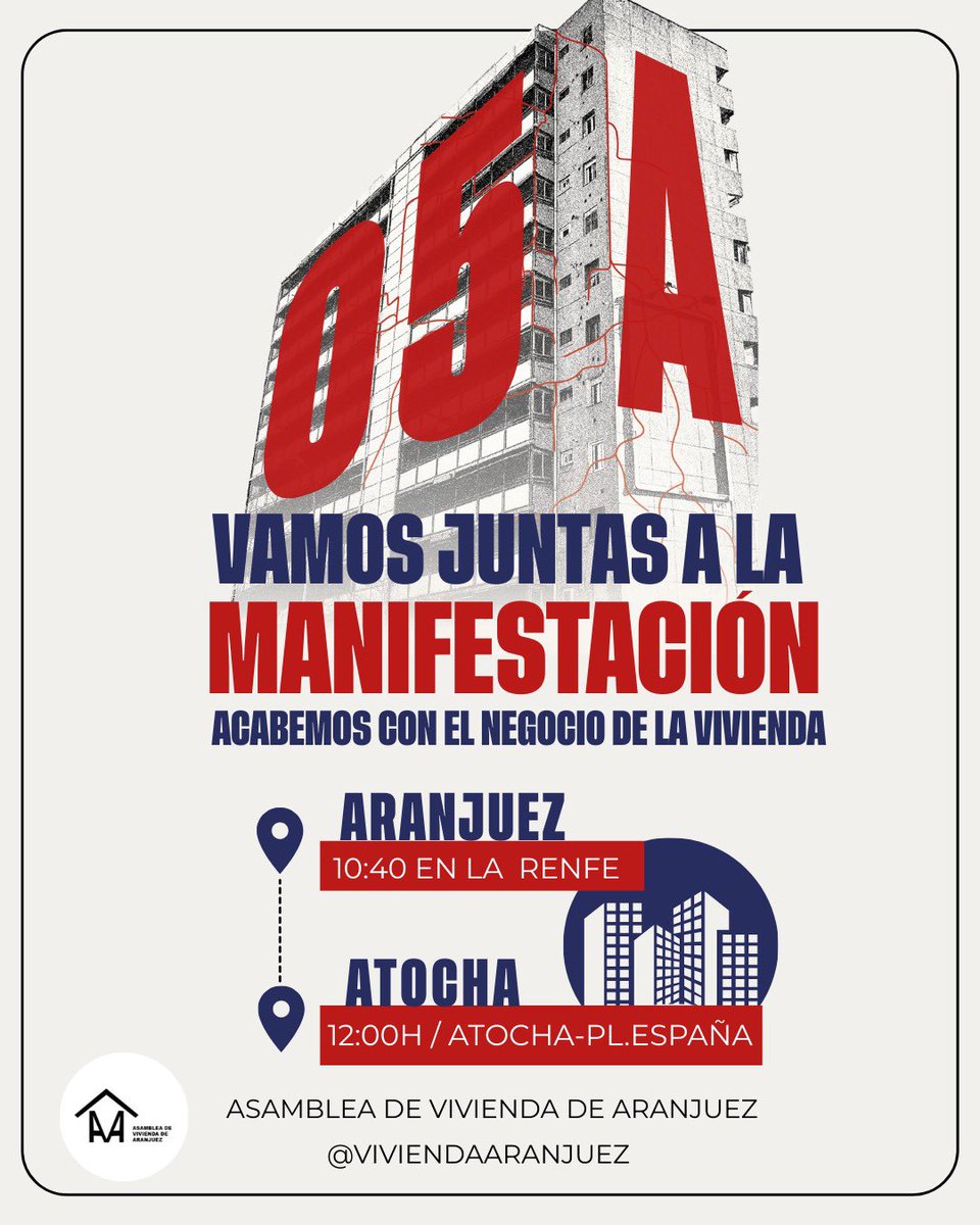 La Asamblea de Vivienda de Aranjuez va en bloque a la manifestación del 5 de abril. ¡Nos vemos a las 10.40h en la Renfe! Si eres de municipios cercanos vente anímate y vente también.

¡Acabemos con el negocio de la vivienda! 💥🔑