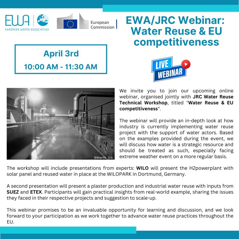 How can #waterreuse boost industrial resilience in 🇪🇺?

Find out at the JRC Water Reuse Technical Workshop, co-organized with the EWA.

📅Thursday, 3 April
🕒10:00-11:30 CEST
📍Online

🔗Agenda &amp; registration: ewa-online.eu/event-detail/e…
