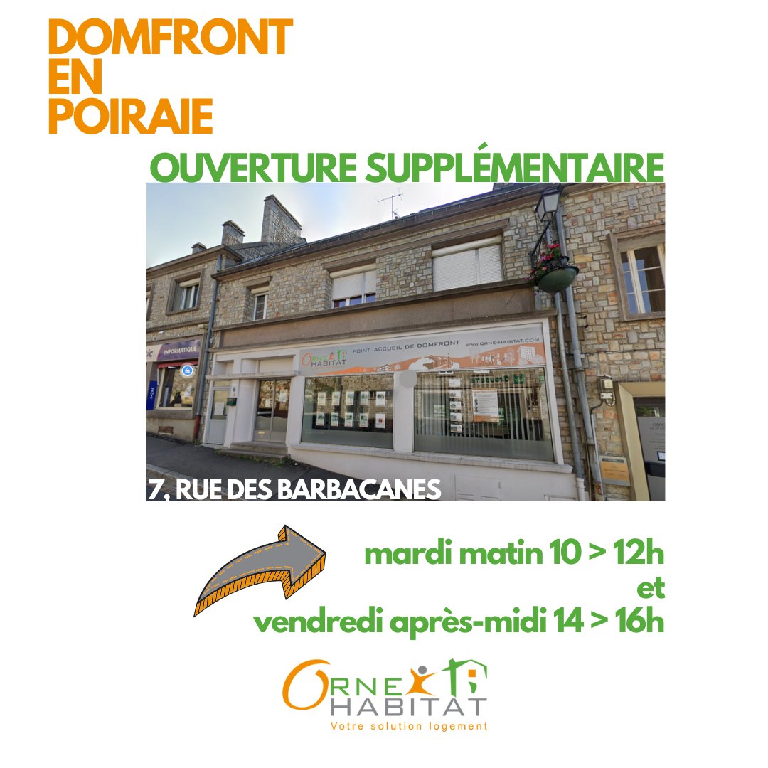 🔔 Depuis ce matin votre point d'accueil à Domfront en Poiraie élargit ses horaires d'ouverture :
▶️ mardi de 10 à 12h
➕
▶️ vendredi de 14 à 16h
Et pour les petits farceurs, ce n'est pas un 🐟 ! 😉

#orne #ornehabitat #proximité #locataire #domfrontenpoiraie #bailleursocial