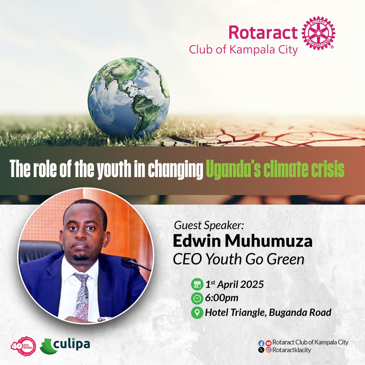 This evening, I will be speaking at the <a href="/RotaractKlaCity/">Rotaract Club of Kampala City</a> Climate Public Dialogue! 

Venue: Hotel Triangle, Buganda road
Time: 6:00pm 

Pass by and listen in….
<a href="/youthgogreen/">Uganda Youth Go-Green</a> <a href="/Rotary/">Rotary International</a>