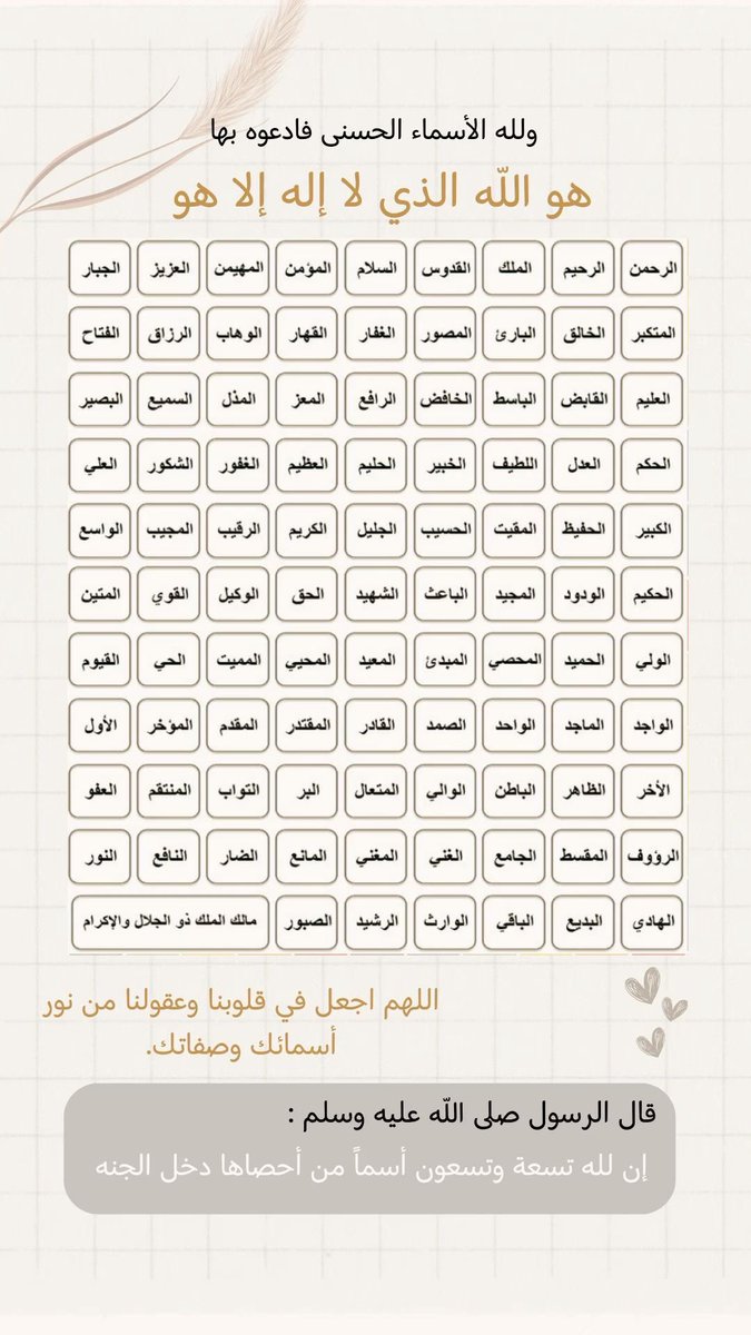 أن النبي ﷺ قال: 
إن لله تسعة وتسعين اسما مائة إلا واحدا من أحصاها دخل الجنة 🌸✨