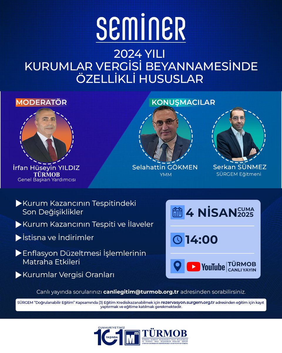 SEMİNER | 2024 YILI KURUMLAR VERGİSİ BEYANNAMESİNDE ÖZELLİKLİ HUSUSLAR

📌Kurum Kazancının Tespitindeki Son Değişiklikler
📌Kurum Kazancının Tespiti ve İlaveler
📌İstisna ve İndirimler
📌Enflasyon Düzeltmesi İşlemlerinin Matraha Etkileri
📌Kurumlar Vergisi Oranları

🗓️ 4 Nisan