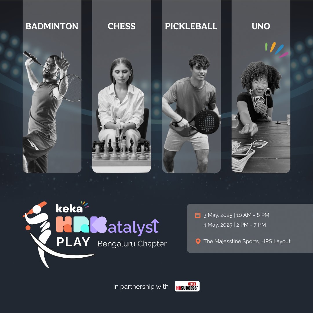 HR_Katalyst's tweet image. HRs, Are You Ready? 🏆

Swap spreadsheets for scoreboards! HR Katalyst Play Bengaluru Chapter is bringing the heat—badminton, chess, pickleball, UNO &amp;amp; more. Compete, connect, and conquer!

📅 3rd &amp;amp; 4th May 2025
📍 Bengaluru

🔗Register now: bit.ly/3E2ndi4

#HR #Keka