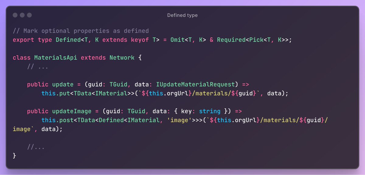 patomeara's tweet image. Here is a little #Typescript utility type I reach for a lot.
It's helpful in cases where a property is sometimes always defined. 😃