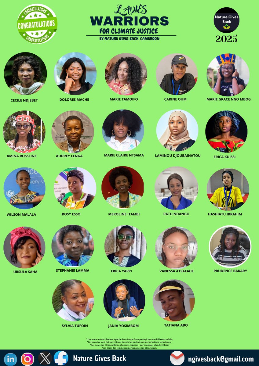 𝐍𝐞 𝐜𝐡𝐞𝐫𝐜𝐡𝐞𝐳 𝐩𝐥𝐮𝐬, 
𝐯𝐨𝐢𝐜𝐢 𝐞𝐧𝐟𝐢𝐧 𝐥𝐞𝐬 𝐋𝐚𝐝𝐢𝐞𝐬 𝐖𝐚𝐫𝐫𝐢𝐨𝐫𝐬 𝐝𝐮 𝐂𝐚𝐦𝐞𝐫𝐨𝐮𝐧. 

<a href="/NatureGives/">NatureGivesBack</a> vous présente 𝑳𝒆𝒔 𝑳𝒂𝒅𝒊𝒆𝒔 𝑾𝒂𝒓𝒓𝒊𝒐𝒓𝒔 𝒇𝒐𝒓 𝑪𝒍𝒊𝒎𝒂𝒕𝒆 𝑱𝒖𝒔𝒕𝒊𝒄𝒆 𝟮𝟬𝟮𝟱. 

#climatejustice 
#womenempowerment 
#Warriors