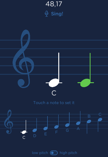 SolfameApp's tweet photo. @DorcasSnell Visually it looks like the same note (C4), but internally it is detecting a different midi.

These images show a C4 (midi 60) sung in a high-pitched voice and a C3 (midi 48) in a low-pitched voice.

We have a solution in mind to show this more clearly.

Thanks. https://t.co/566whK7pLZ
