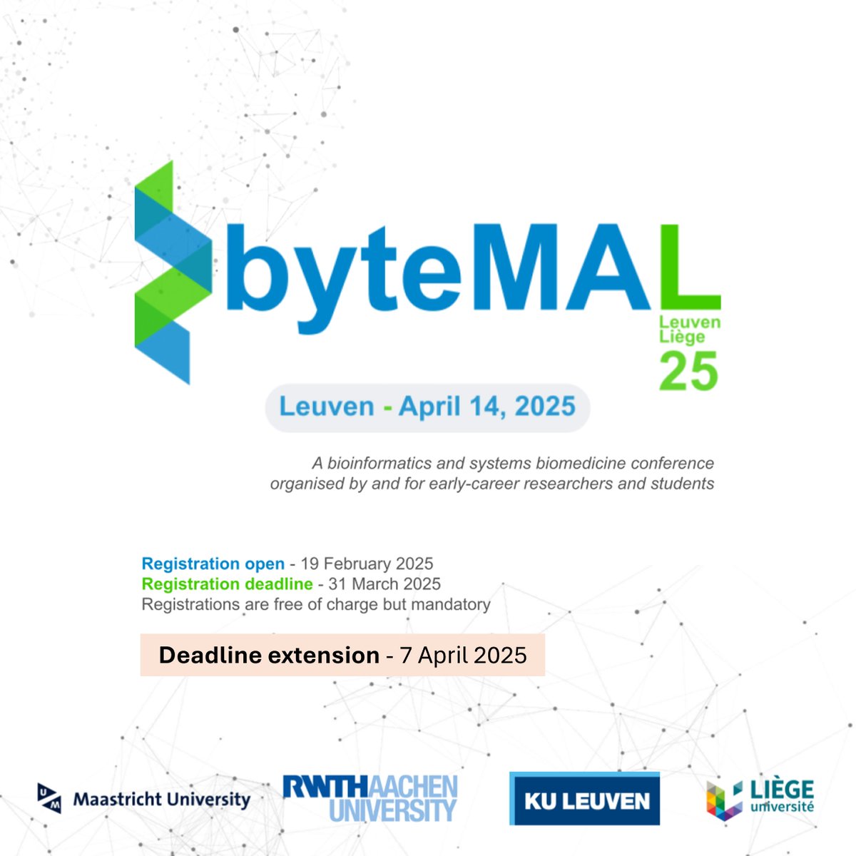 byteMAL's tweet image. 🎉Good news! The deadline for abstract submission and registration has been extended by one more week!

🔔Abstract notifications will be sent by the end of this week, and by 9 April for late submissions.

We can’t wait to see you at #byteMAL2025 in Leuven! 🙌
