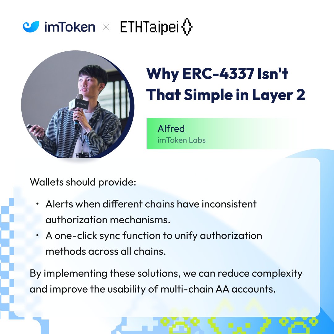 imTokenOfficial's tweet photo. Just wrapped up an insightful session exploring the challenges and nuances of implementing ERC-4337 on L2. 

Here's a standout quote from the talk—what's your take on these complexities?

#ETHtaipei #Layer2 https://t.co/tFezI7xx5F