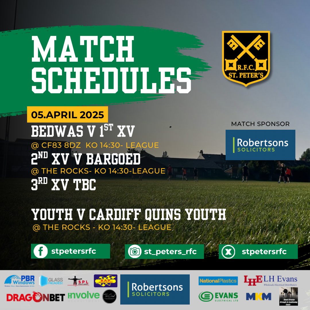 St. Peters RFC (@stpetersrfc) on Twitter photo 1st XV take on <a href="/bedwasrfc/">Bedwas RFC</a>, 2 gang play their last league game against <a href="/Bargoedrfc/">BargoedRFC ๐</a> & the youth play <a href="/CardiffQuinsRFC/">Cardiff Quins RFC</a> in a big league clash.
Go well Rocks ๐๐ค 1st XV take on <a href="/bedwasrfc/">Bedwas RFC</a>, 2 gang play their last league game against <a href="/Bargoedrfc/">BargoedRFC ๐</a> & the youth play <a href="/CardiffQuinsRFC/">Cardiff Quins RFC</a> in a big league clash.
Go well Rocks ๐๐ค