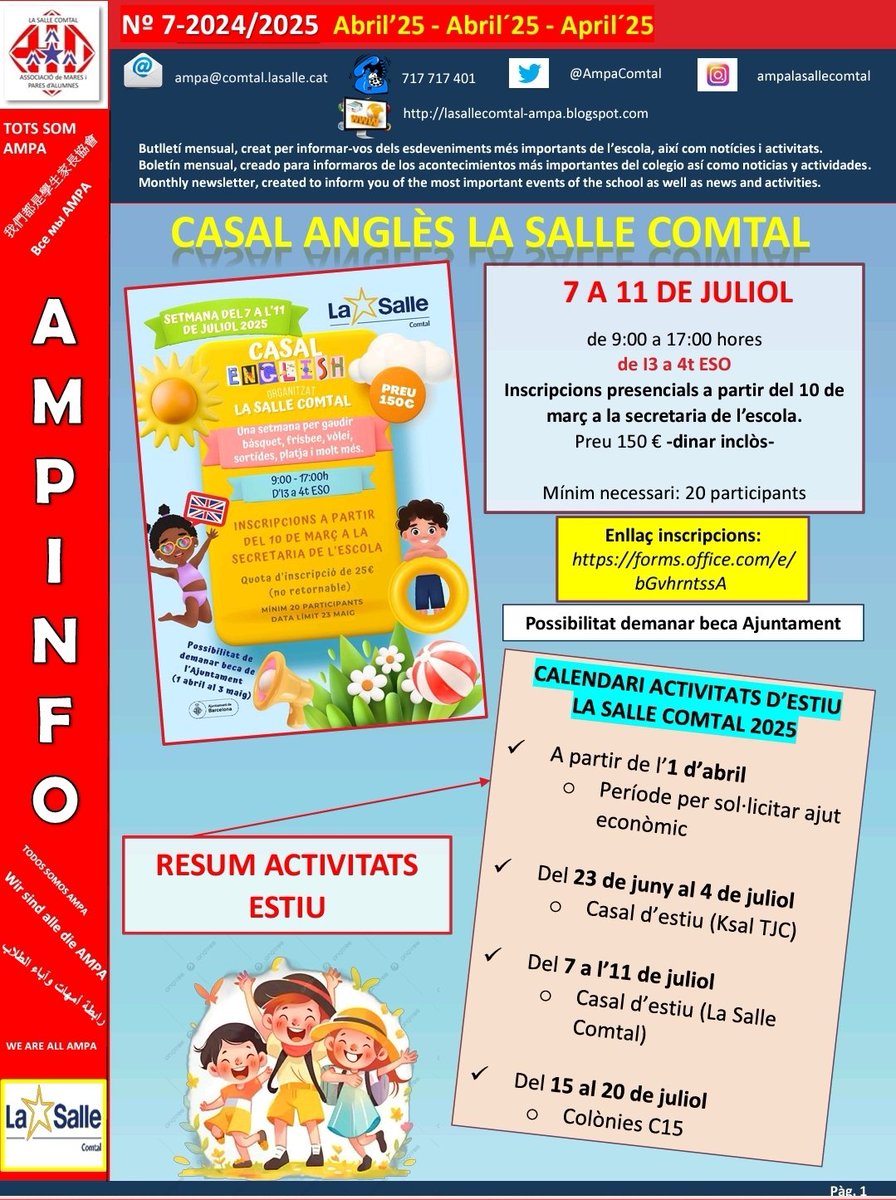 AmpaComtal's tweet photo. Aquí teniu la informació de casals, colònies,  subvencions,  recomanacions de Sant Jordi I moltes coses més. Tot a l'AMPINFO de l'abril: https://t.co/KNTAI1pKLz
@AmpaComtal @LaSalleComtal #ampaldia https://t.co/gm9AFFrNNB