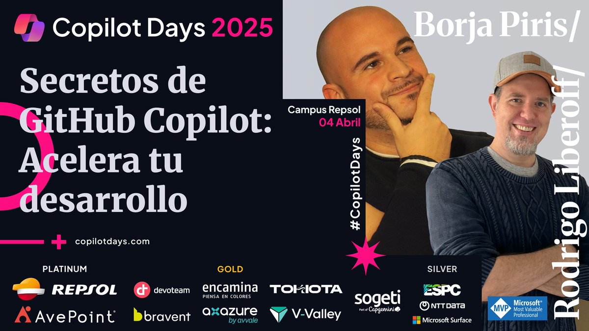 Este viernes 4 de abril, acompáñame junto a <a href="/pirisborja/">Borja Piris</a> durante el Copilot Days 2025 (@CopilotDays) a develar los secretos mejor guardados de quienes utilizamos y hemos adoptado con éxito @GitHub  #Copilot en nuestro día a día.