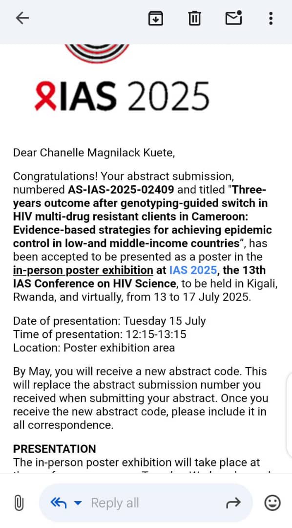 My abstract has been accepted for a poster presentation at the International AIDS Society Conference (IAS 2025)! I am immensely grateful for this opportunity and the recent flood of congratulations I've received. 

#IAS2025 #Posterpresentation #Grateful #Growth