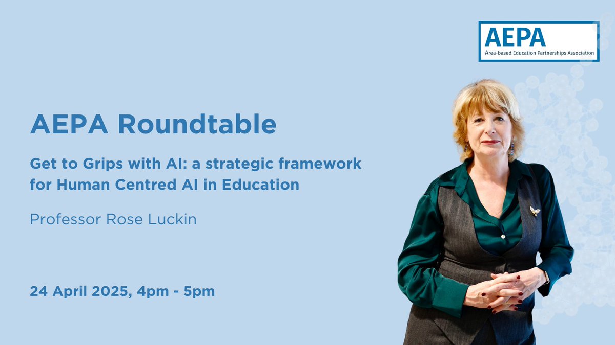 AEPA (@aepassoc) on Twitter photo 🤔 Are you struggling to get to grips with AI?
Join Professor Rose Luckin to explore how to harness AI while prioritising human intelligence development and safeguarding.
📆 24 April, 4pm - 5pm
🎟️ buff.ly/lKWOpgWJ
<a href="/Knowldgillusion/">Rose Luckin's EDUCATE Ventures | AI for Education</a> #AIinEducation 🤔 Are you struggling to get to grips with AI?
Join Professor Rose Luckin to explore how to harness AI while prioritising human intelligence development and safeguarding.
📆 24 April, 4pm - 5pm
🎟️ buff.ly/lKWOpgWJ
<a href="/Knowldgillusion/">Rose Luckin's EDUCATE Ventures | AI for Education</a> #AIinEducation