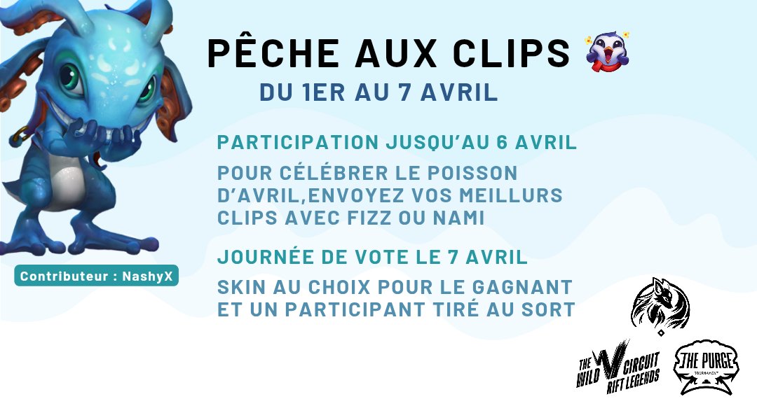 Pêche aux clips 
🐟 Fizz et Nami, stars du poisson d'avril. 
📅 Du 1er au 7 avril 
🎮 Concours de clips
🏆 2 skins  
🇫🇷 Pour les joueurs France Benelux et Suisse.
Supporté par <a href="/wildriftfrance/">Wild Rift Communauté FR</a> !

#wildriftfrance
avoir plus d'informations et/ou participer : discord.com/invite/zAW3vkf…
