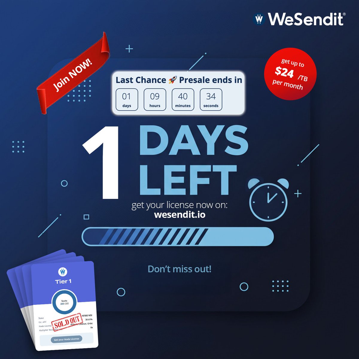 WeSendit's tweet photo. 🚨 LAST CHANCE: Only 1 Day Left! 🚨

The WeSendit Node Presale ends TOMORROW!

Secure your license now and unlock:

• Up to 8x Rewards earn up to $24 per TB
• Unmatched Flexibility: Run Nebula, Orbit, or Cosmos Nodes seamlessly.

👉 Get your Node License now:
https://t.co/FcBft3zVK2

Don't miss out — join the WeSendit revolution! ⏳
