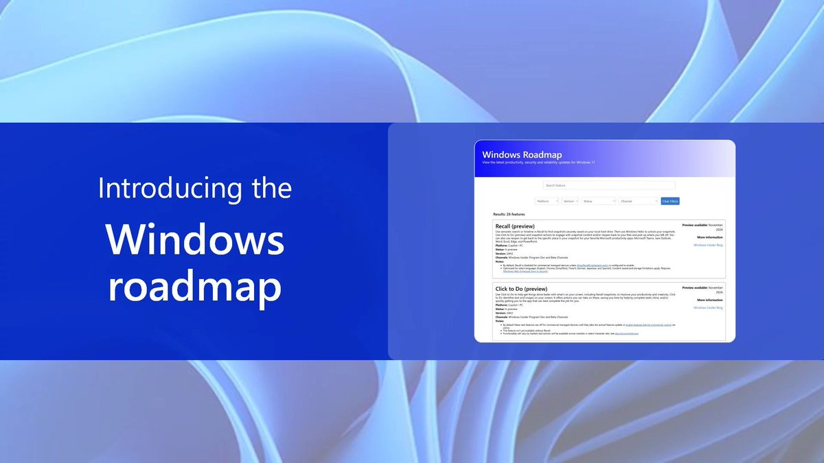 Microsoft запустил новый сервис Windows Roadmap, благодаря которому будет проще и удобнее следить за всеми новыми функциями Windows и ее развитием в целом.

buff.ly/x4BG2Md

#Windows11 #Windows #WindowsInsider