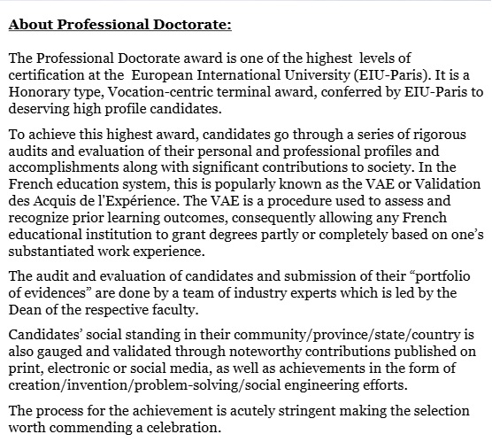 Raffdeane's tweet photo. @HKurusee Sharing a snapshot of the official communication frm @PARIS_EIU  University on my recognition &amp; honorary-type Professional Doctorate in GLM. I proudly stand by the title: (PD) h.c (Honoris Causa) @PARIS_EIU . which is an honorary type and vocation-centric terminal award. https://t.co/7hT6GTeXP6