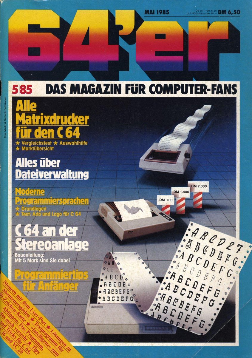 Retrojournal_de's tweet photo. 🖨️64’er 5/85 (19.4.85) - Dot-Matrix-Drucker satt!
💸Von 700 bis 2000 DM – was darf’s denn sein?
🗃️Dateiverwaltung erklärt
🎧C64 an der Stereoanlage (mit Bauanleitung!)
💡Ada & Logo am C64, dazu frische Programmier-Tipps
#C64 #RetroComputing #1985 #64erMagazin #Matrixdrucker https://t.co/yOvy0o5Rmz