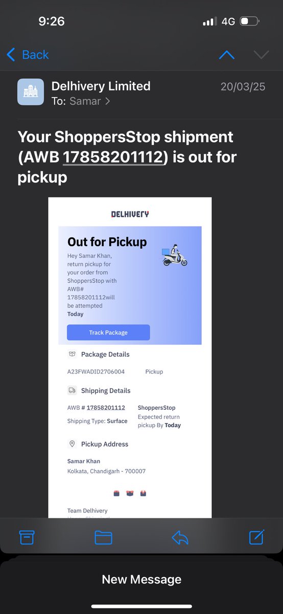 samarkhanxo's tweet photo. @shoppersstop order id- 46226247

I returned an order and it got picked up on 20th march by delhivery but I’m yet to get the refund, on app it doesn’t even show that the product was picked, it’s been so many days and I have been contacting the support through emails, calls, https://t.co/lF952BU27e