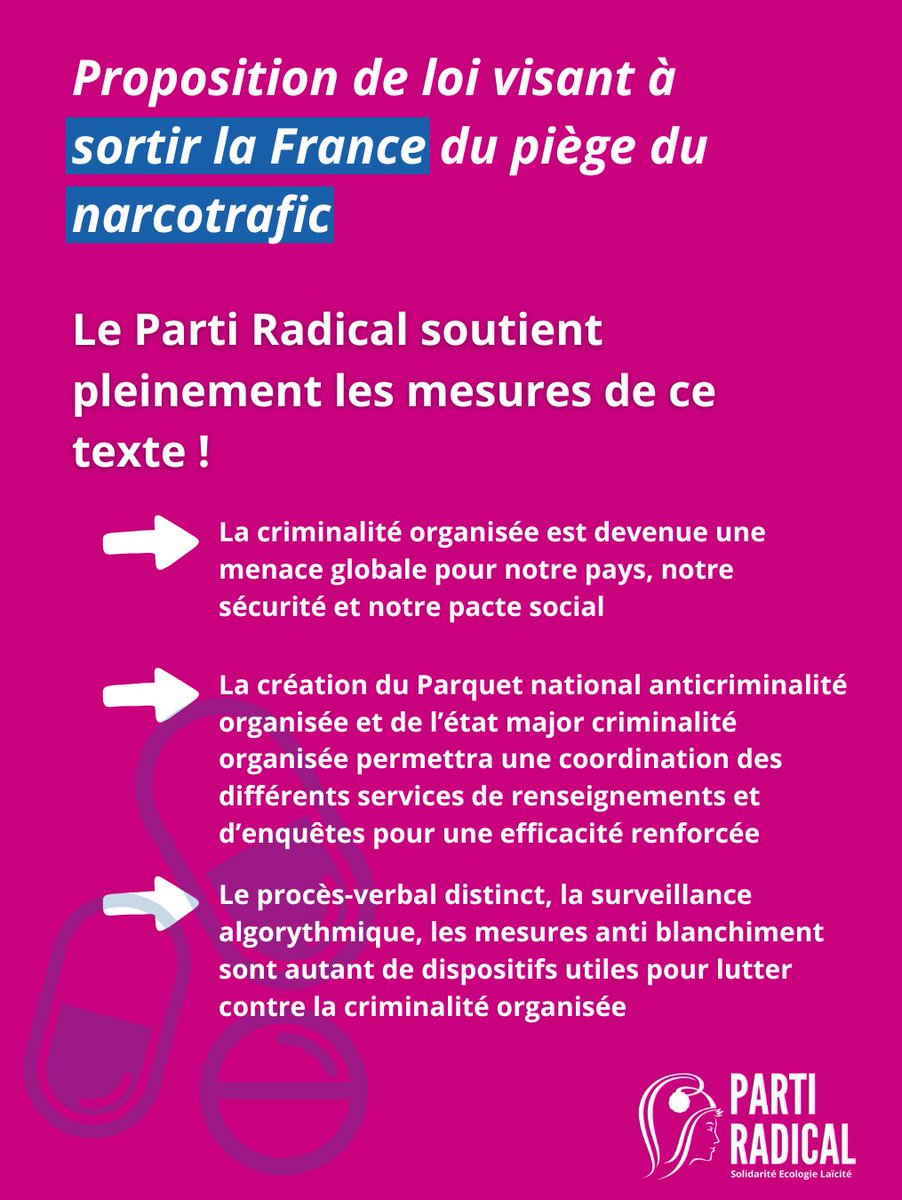 📣Le <a href="/PartiRadical/">Parti Radical</a> soutient la proposition de loi  #narcotrafic à l’heure où il faut réarmer l’Etat contre la criminalité organisée. #securite 
➡️Retrouvez le communiqué sur : bit.ly/3DYTiYe