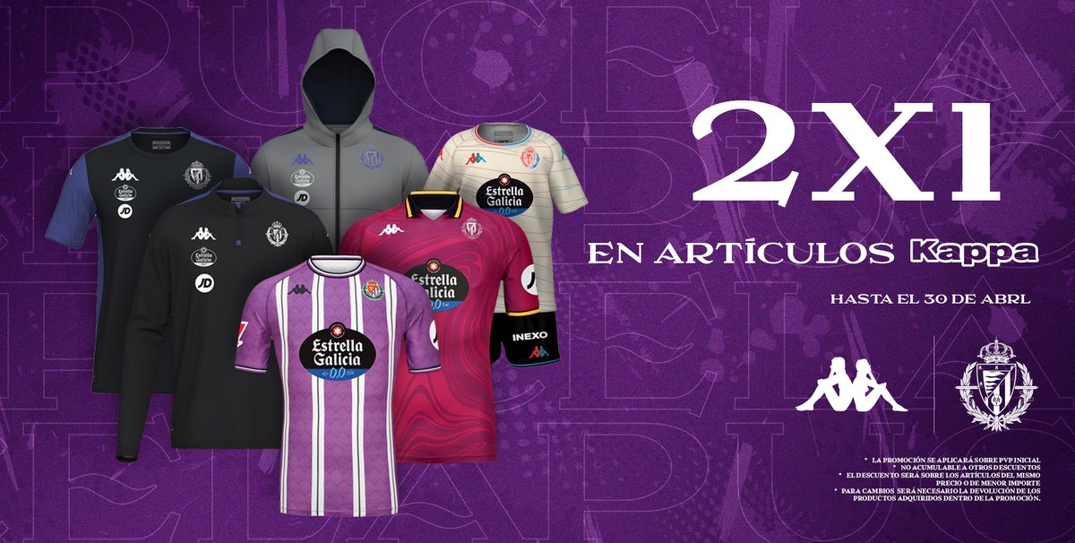 ¿Te perdiste el 3x2 de marzo?
¡No pasa nada, llega el 2x1 en artículos Kappa! 🙌
🟣 Elige tus dos favoritos
⚪ Paga solo 1
🛍️ Hasta el 30 de abril
👉tienda.realvalladolid.es