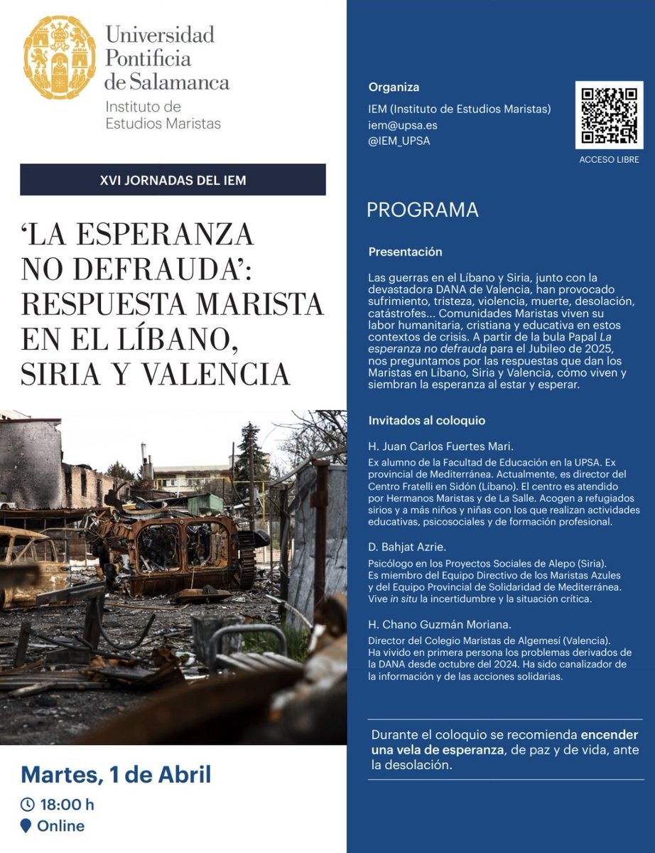 📢 Recuerda❗️Es hoy❗️XVI Ciclo de Café-Coloquio de <a href="/IEM_UPSA/">IEM</a>: "La Esperanza no defrauda: Respuesta #Marista en Líbano, Siria y Valencia"
Intervienen Hermanos <a href="/galileing/">Juan Carlos Fuertes</a>, <a href="/chanogm/">chanogm</a> y <a href="/BahjatAzrie/">Bahjat Azrie</a>
🕕 18h (hora España)
💻 Acceso libre: eu.bbcollab.com/collab/ui/sess…
#SomosMediterráneo 🌊