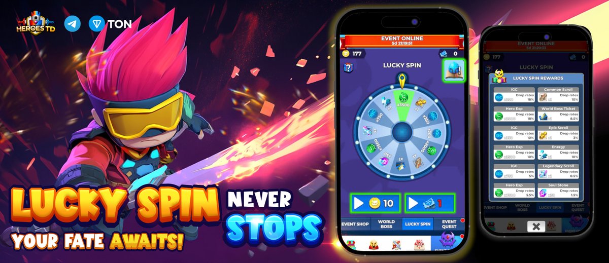 🔔 𝐋𝐔𝐂𝐊𝐘 𝐒𝐏𝐈𝐍 𝐍𝐄𝐕𝐄𝐑 𝐒𝐓𝐎𝐏𝐒 – 𝐘𝐨𝐮𝐫 𝐅𝐚𝐭𝐞 𝐀𝐰𝐚𝐢𝐭𝐬! 🔔

Feeling lucky? 🍀 
It’s time to put your fate to the test with LUCKY SPIN in HeroesTD... you never know what surprises await! 🎁

🎯 Jackpot’s still up for grabs! 
Those epic rewards and rare