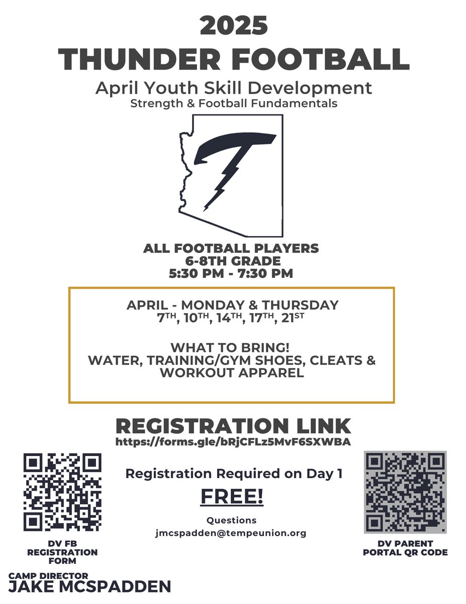 April Youth Strength &amp; Football Skill Development! 

⚡April 7, 10, 14, 17, &amp; 21 
⚡️Grades 6-8
⚡Monday &amp; Thursday 
⚡5:30 PM - 7:30 PM 

Please Register with both QR Codes