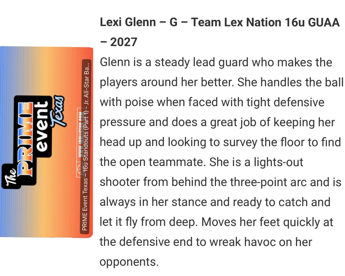Lexi Glenn (@lexiglenn2027) on Twitter photo Thanks for the great write up <a href="/JrAllStarTexas/">Texas Jr. All-Star GBB</a> I really appreciate it! Can’t wait to get back on the court and continue to grow with my team. Thanks for the great write up <a href="/JrAllStarTexas/">Texas Jr. All-Star GBB</a> I really appreciate it! Can’t wait to get back on the court and continue to grow with my team.