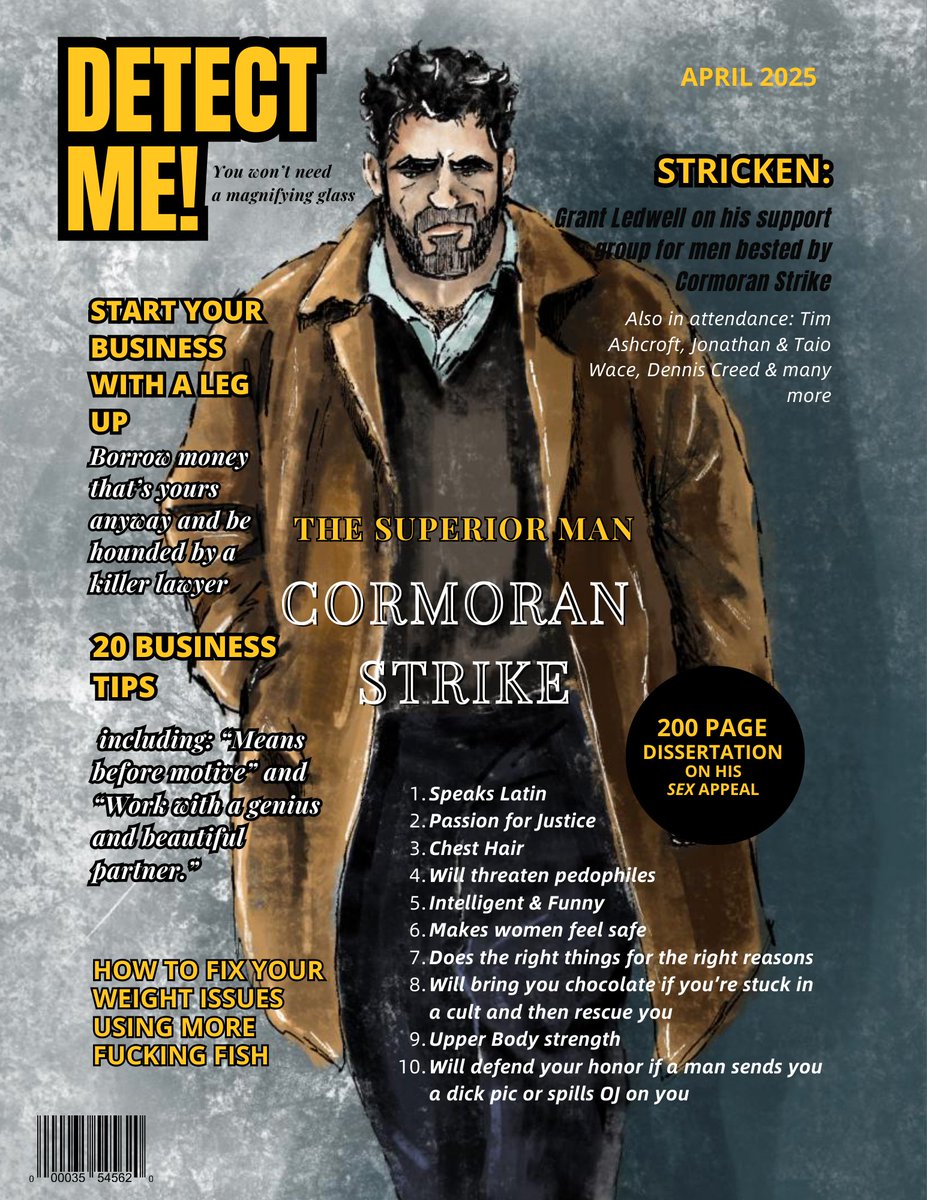 LindsayMLand's tweet image. To celebrate April Fools, I made these Strike magazine covers. I hope my fellow Strellacottians enjoy them as much as I do. Thanks @CormStrikeFan, @IrisThinksMeh, @happyrachy, @LudicrousMonica, &amp;amp; @Ankis1988 for your help and ideas! Also @ResearchRaptors for your amazing drawings!