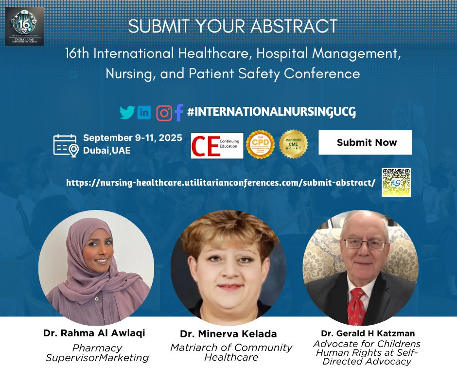 DrAthmarAliM1's tweet image. Submit an abstract for the CME/CPD-accredited 16th International Healthcare, Hospital Management, #Nursing , and Patient Safety Conference, happening in Dubai. from September 9-11, 2025.

Submit Now: …healthcare.utilitarianconferences.com/submit-abstract

#CallForAbstracts #PosterShowcase #HealthcareLeaders