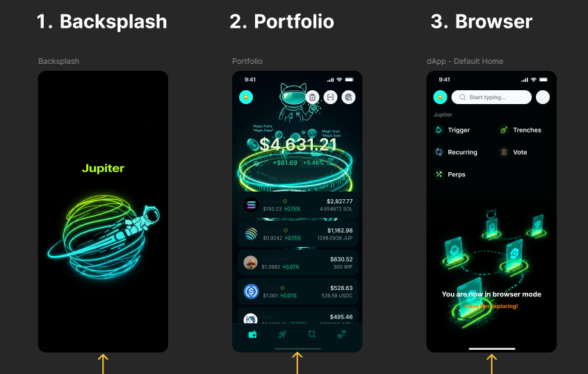 vorleonetv's tweet photo. @jup_mobile @figma Jupiter Mobileโs dApp Browser V2 is here! A futuristic design with our iconic lime green to teal gradient, a cat for our amazing community, and warp-speed exploration. The best wallet, backed by the best community! #JupiterExchange #dAppBrowser #CryptoWallet https://t.co/00CMZrudLv