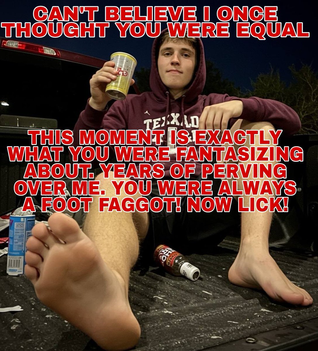 A very cathartic moment for us. For me is very new, but to see you kneeling in front of me like that just feels right. You were always kind of off, you know? But I never would have thought that you were sniffing my socks behind my back. I find it bizarre, and disgusting.