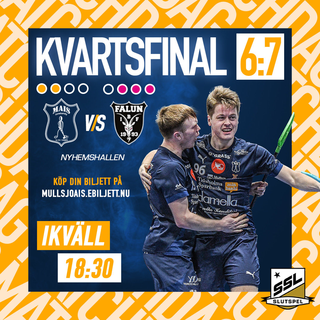 GAMEDAY!
🆚 IBF Falun
🥅 Kvartsfinal 6:7
🕒 18:30
📍 Nyhemshallen
🎟 mullsjoais.ebiljett.nu
Halva potten: 123 080 88 32
📺 livesport.expressen.se

#SSLse #mullsjoais #puma #Oxdog #Boostyourperformance #intersport #gatoradesverige #sslslutspelet