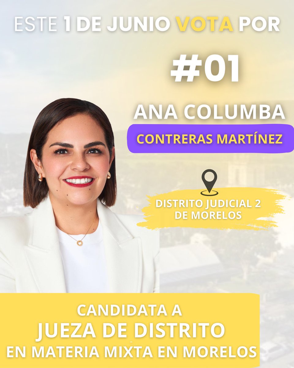 Ana_ColumbaCM's tweet photo. Este 1 de junio, en el distrito dos de Morelos, elige justicia cercana y comprometida.
Soy Ana Columba, la #01 en la boleta. 💛
¡Vamos con todo!
#AnaColumba #Morelos #DistritoDos #Vota01 #CandidataAJuezaFederal #JuezaDeDistrito #JusticiaCercana #BoletaAmarilla #EleccionesPJF2025 #Conóceme #Huitzilac #Tepoztlán #Yautepec #Tlayacapan #Totolapan #Tlalnepantla #Atlatlahucan #Cuautla #Yecapixtla #Hueyapan #ZaculpanDeAmilpas #Temoac #Axoachiapan
