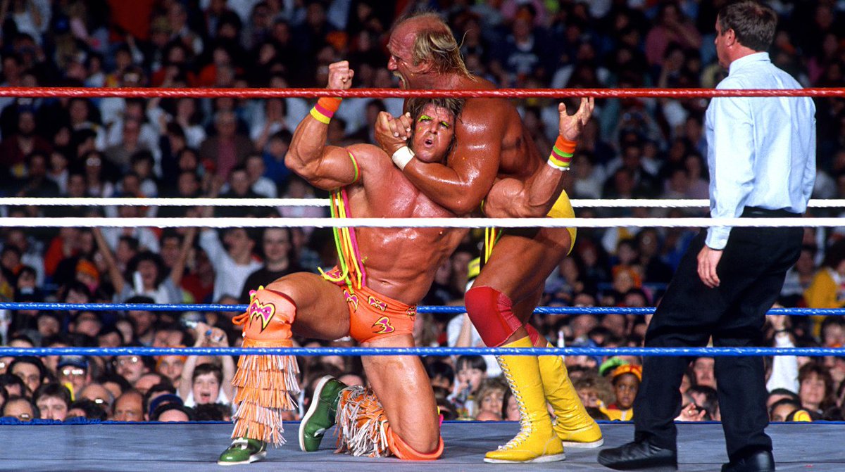 WWFWrestling1's tweet image. On this day in 1990: Ultimate Warrior defeated Hulk Hogan to claim the WWF World Championship title at WrestleMania VI. This place has gone strictly bananas! #WWF #WWE #WrestleMania #HulkHogan #UltimateWarrior